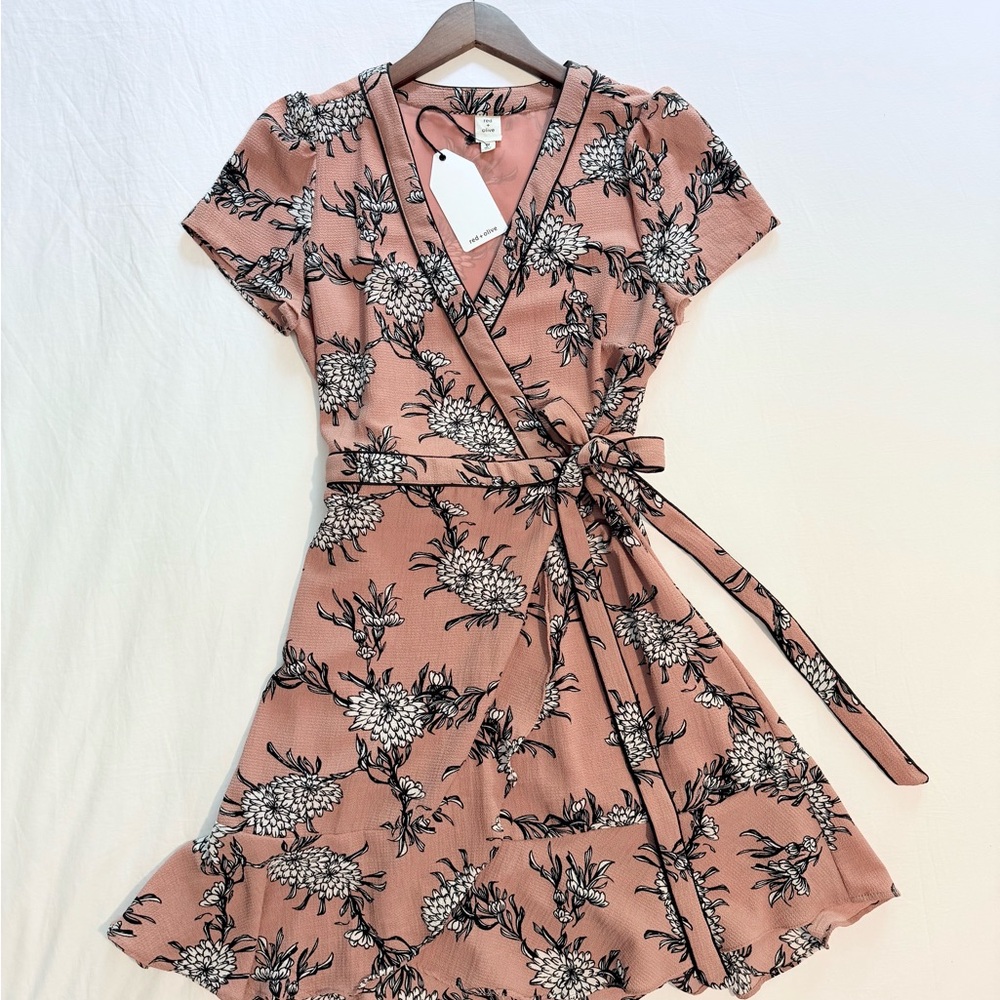 Red & Olive Floral Wrap Dress in Pink